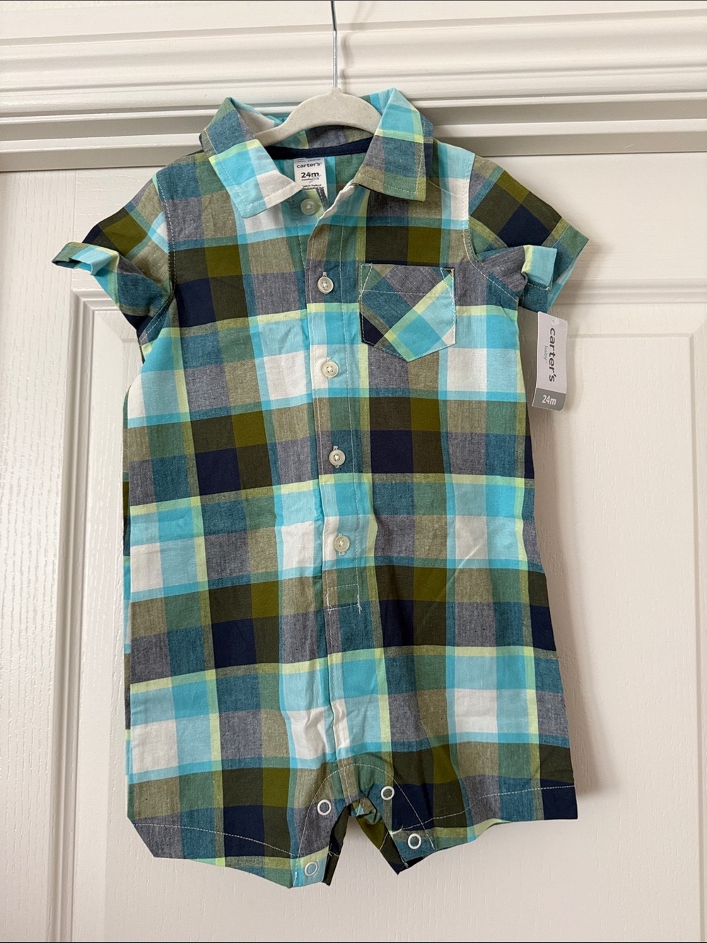 Carter's Plaid Short-Sleeve Button Romper in Turquoise, Olive & Navy